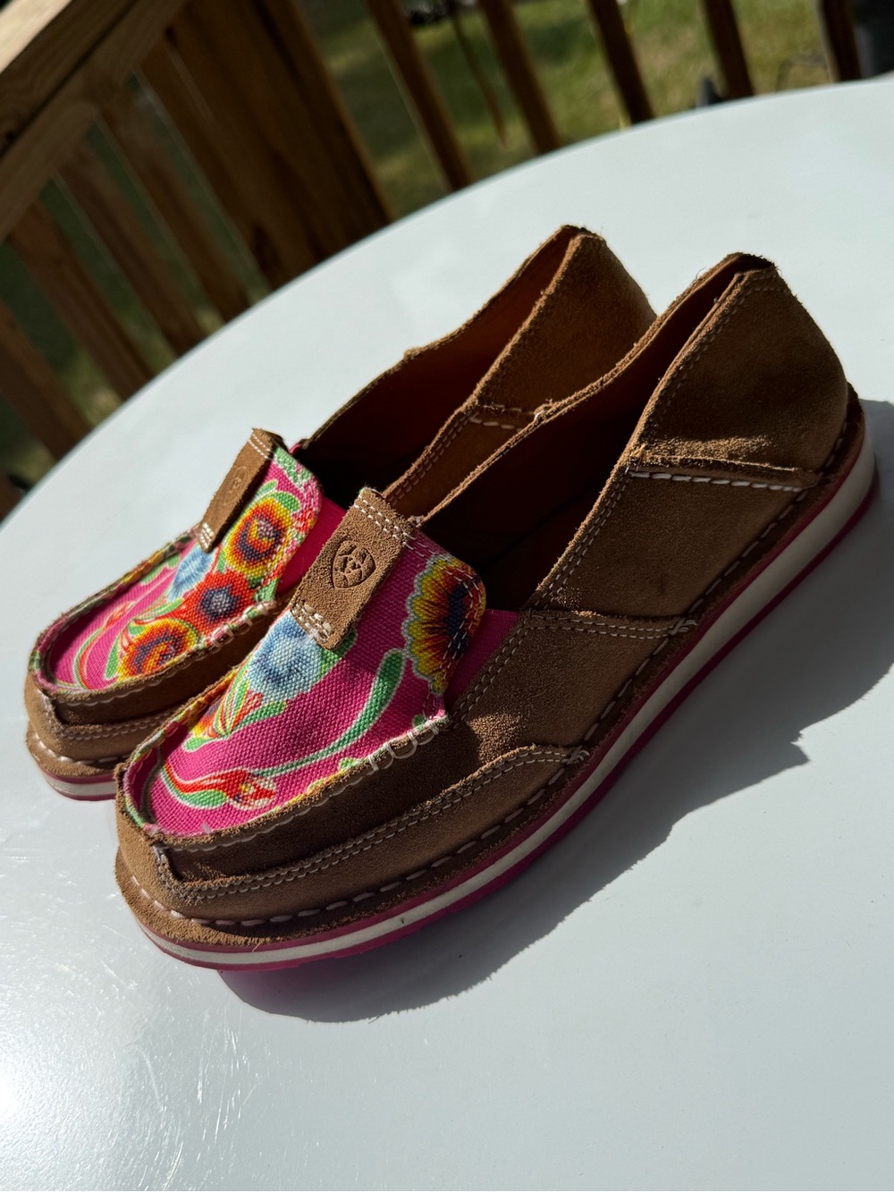Ariat Womens Size 7 Dark Tan Suede Pink Floral Cloth
